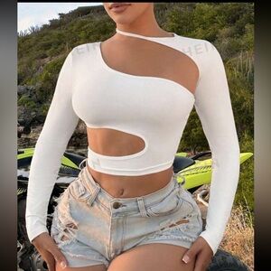 New SHEIN SXY Valentines Day Hollow Out Asymmetrical Halter White Crop Top